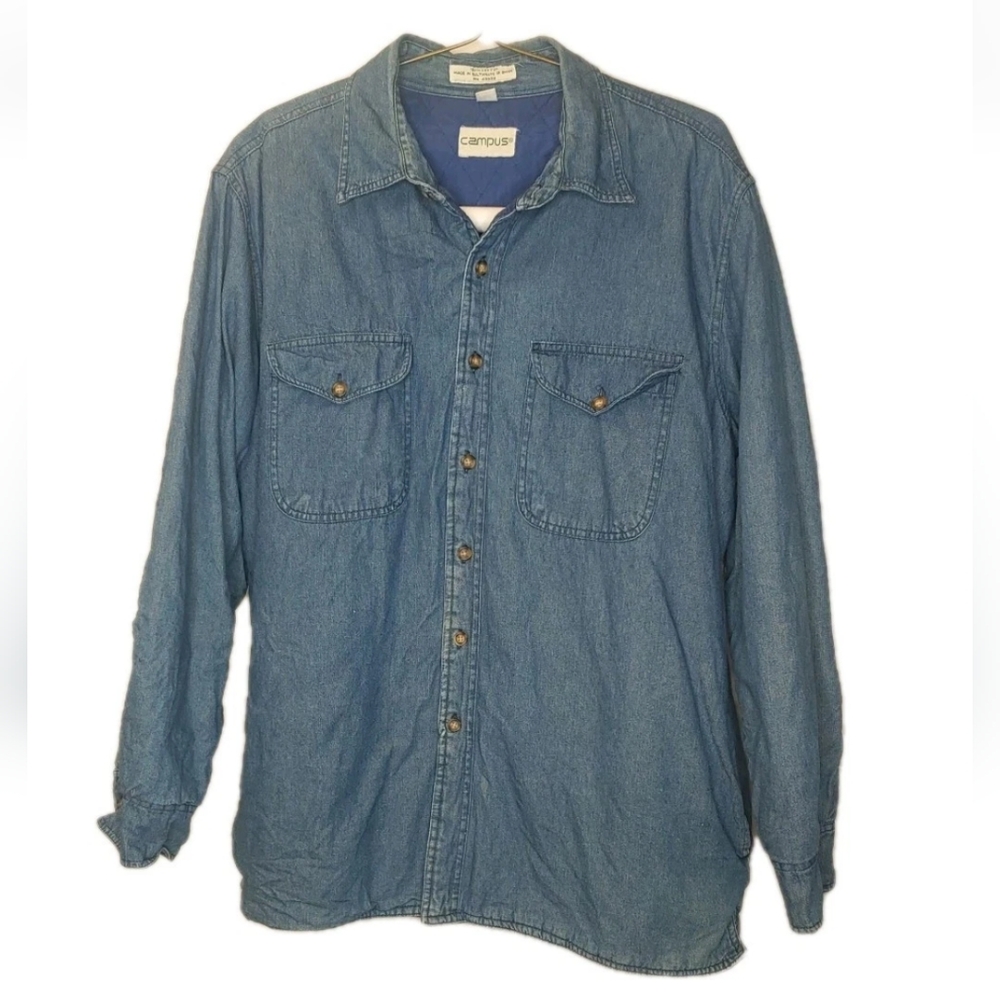 Campus Shacket Jean Shirt Jacket Men XL Quilted Lined Blue Denim Button Vtg 90s